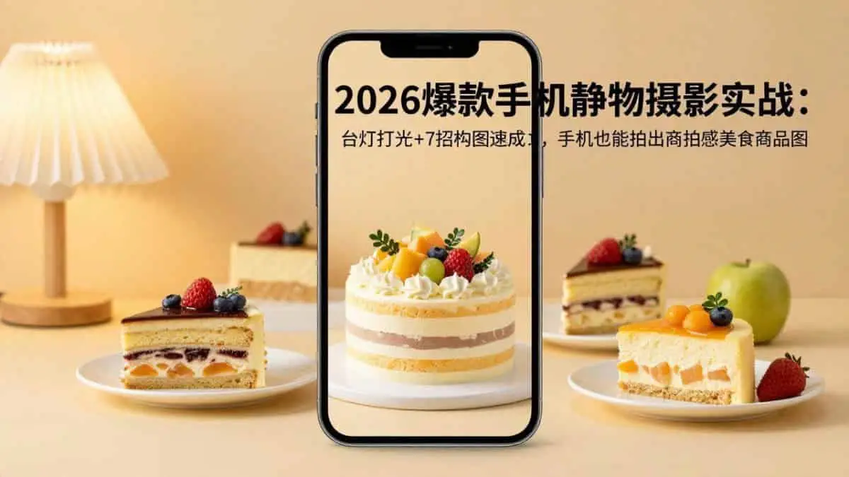 （17960期）2026爆款手机静物摄影实战：台灯打光+7招构图速成，手机也能拍出商拍感美食商品图