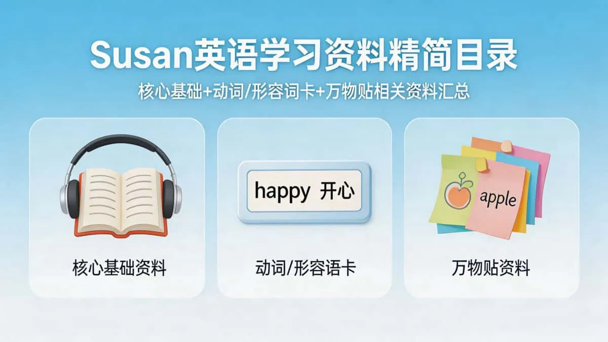 Susan英语学习资料精简目录核心基础+动词/形容词卡+万物贴相关资料汇总