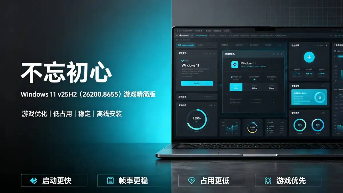 不忘初心 Windows11 v25H2 (26200.8655) 游戏精简版插图 不忘初心游戏版Win11精简版, 专注游戏体验的定制版, 深度集成游戏运行库, 离线修复DirectX所需的DLL文件, 保留XBOX组件