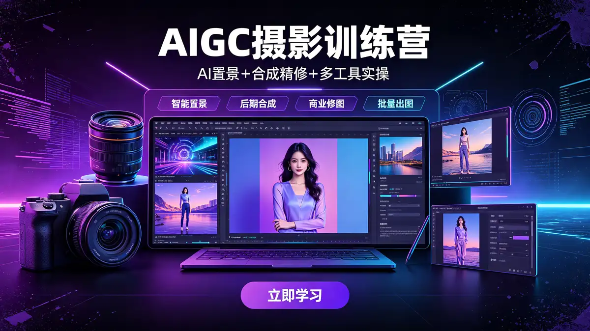 AIGC摄影训练营:AI置景 + 合成精修 + 多工具实操插图 AI智能置景, AI置景实操篇, 合成精修篇, 商业合成技巧, 摄影布光系统课程