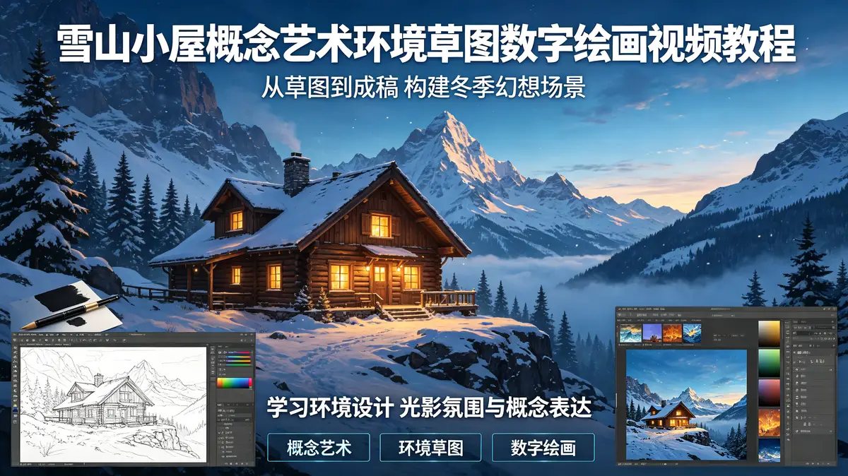 雪山小屋概念艺术环境草图数字绘画视频教程