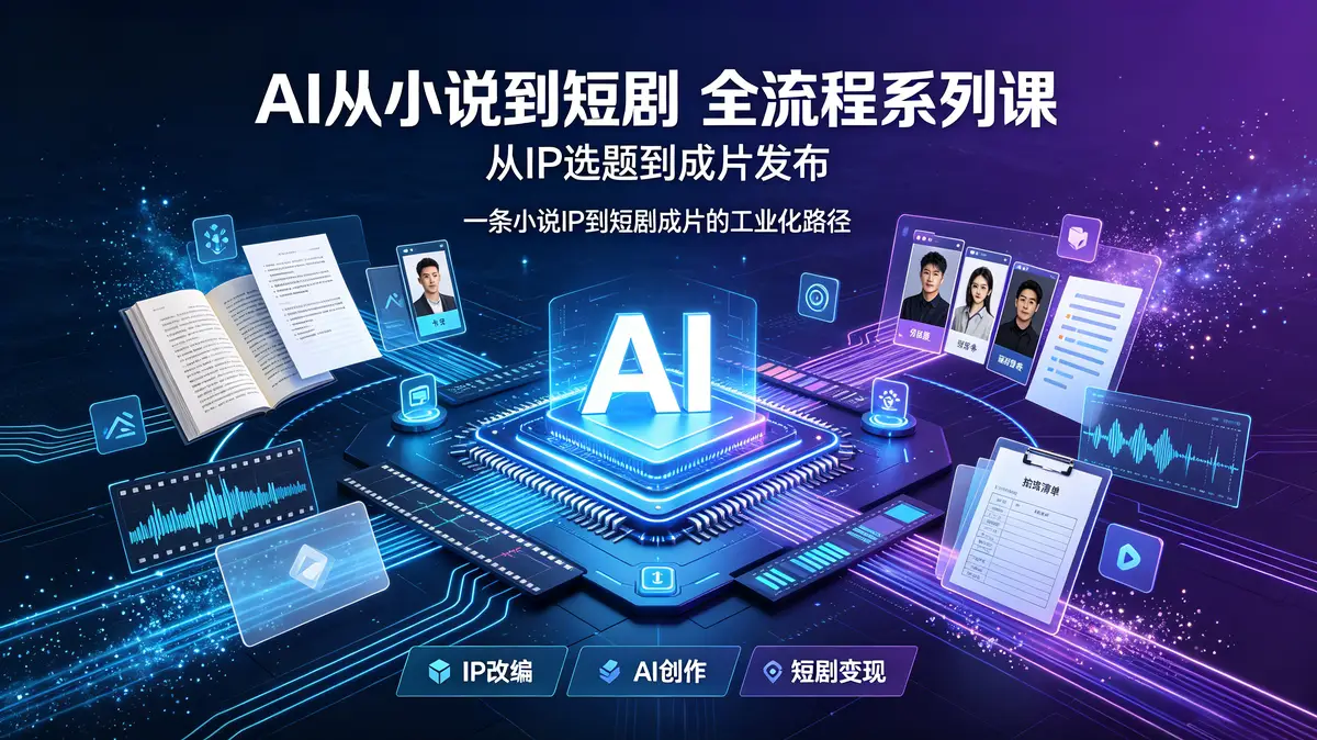 AI从小说到短剧 全流程系列课插图 AI短剧, 小说改编, AI剧本, 智能分镜, 虚拟角色配音, AI生图, 分镜图, 即梦Seedance, 视频制作, 内容创作, 全流程课程
