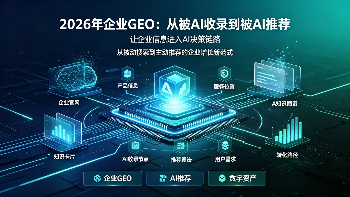 2026年企业GEO:从AI“收录”到AI“推荐”的进阶之路插图 企业生成式引擎优化, GEO, AI搜索, 品牌内容, 用户意图, 结构化数据, 权威信源, 多模态内容, 大模型推荐, 数字资产, 智能搜索, 关键词优化