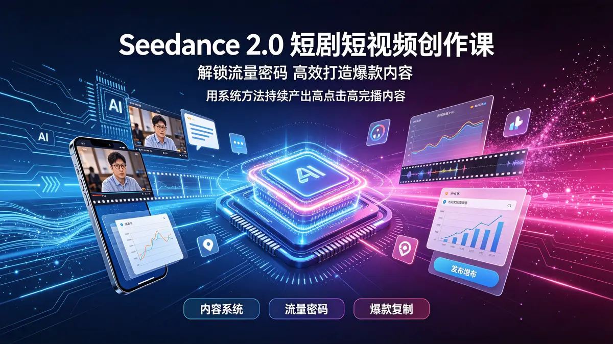 Seedance 2.0 短剧短视频创作课:解锁流量密码,高效打造爆款内容插图 Seedance 2.0, 短视频创作, AI视频生成, 爆款内容, 短剧制作, 流量变现, 脚本撰写, 数字人, 提示词, 视频剪辑, 自媒体, 实战课程