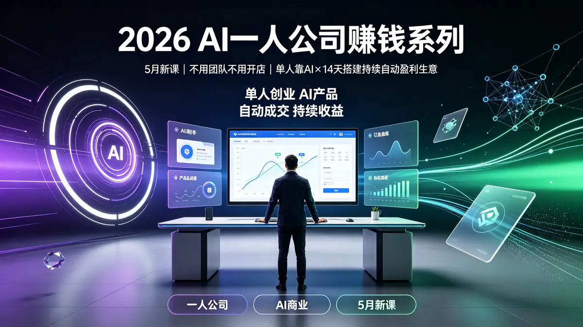 （18990期）2026AI一人公司（OPC）赚钱系列-5月新课：不用团队不用开店，单人靠AI×14天搭建持续自动盈利生意