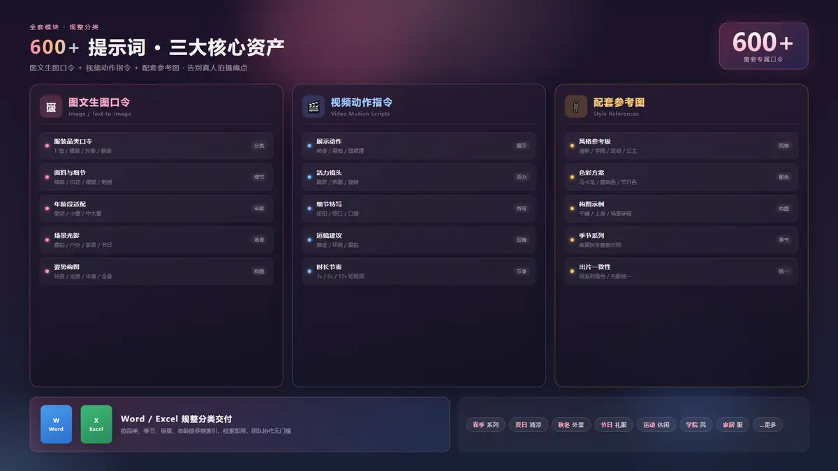 600+全套AI童装专属提示词库:图文生图口令 + 视频动作指令 + 配套参考图(Word/Excel规整分类,告别真人拍摄痛点)