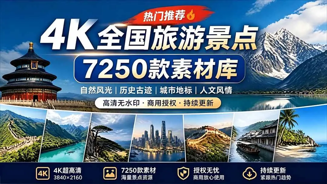 【全网超热门4K全国旅游风景素材库】7250款高清实拍航拍短视频：涵盖城市地标、古镇乡村、名山大川风光（按城市分类，双网盘交付）
